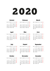 Calendar on 2020 year with week starting from monday, A4 size vertical sheet isolated on white
