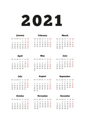 Calendar on 2021 year with week starting from monday, A4 size vertical sheet isolated on white