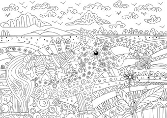 fancy landscape with floral pig for your coloring book