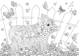 floral pig and bird for your coloring page