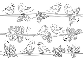 happy birds sitting on branches of tree for your coloring book