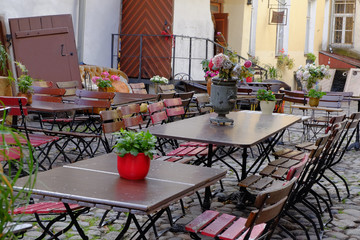 table and chairs in cafe
