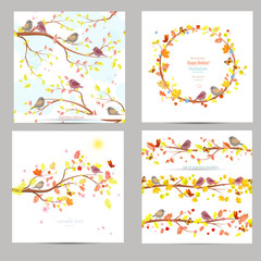 autumn collection invitation cards with cute birds, nature borders and texture for your design