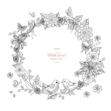 wreath with birds on floral twigs for your coloring book