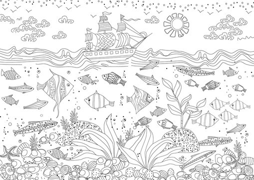 funny composition of marine life for your coloring book