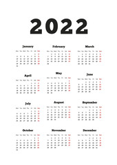 Calendar on 2022 year with week starting from monday, A4 size vertical sheet