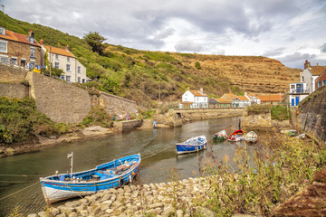 boats moored in staithes, north yorkshire coast