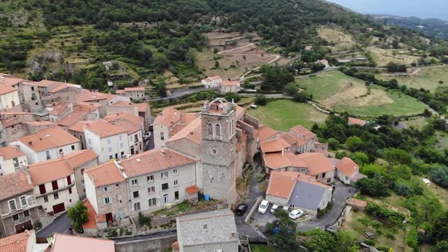 Aerial Drone Footage of the Chapel at Mosset, France Overlooking the Castellane Valley in the Pyrenees-Orientales Mountains in Southern France