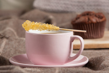 Morning Coffee. Rock Cane Sugar Stick. Home Baked Chocolate Muffins.