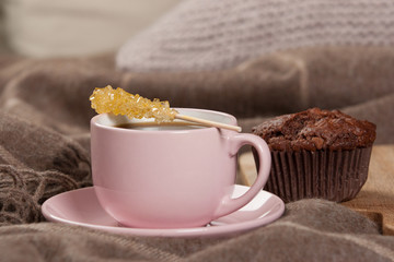 Morning Coffee. Rock Cane Sugar Stick. Home Baked Chocolate Muffins.