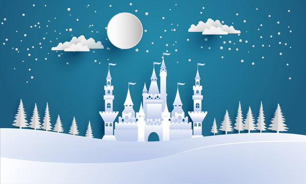 Castles and snow in the winter. Illustration of the beauty of the castle with the concept of paper art