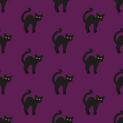 Black cat on purple. Vector illustration. Seamless pattern. Flat.