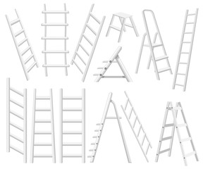 Collection of metal ladders. Different types of stepladders. Flat vector illustration isolated on white background