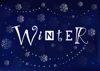 Modern calligraphy lettering of Winter in white on dark blue background decorated with silver snowflakes and pearls