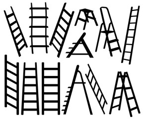 Black silhouette. Collection of metal ladders. Different types of stepladders. Flat vector illustration isolated on white background - obrazy, fototapety, plakaty