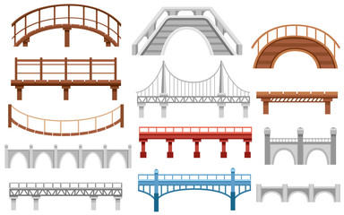 Collection of different bridges. City architecture flat icon. Vector illustration isolated on white background