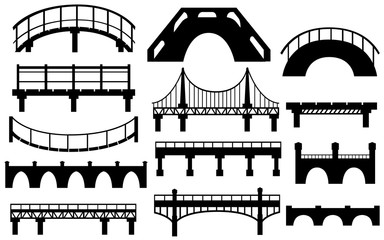 Black silhouette. Collection of different bridges. City architecture flat icon. Vector illustration isolated on white background
