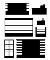 Black silhouette. Set of supermarket shelves. Shelf, fridge and Cash register. Flat vector illustration isolated on white background