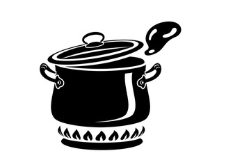 Cooking saucepan with steam icon, simple style