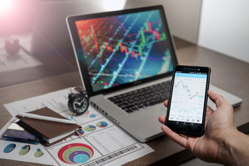 A Computer Tablet and ultra-slim smartphone with candle stick chart on the screen a business and finance conceptual
