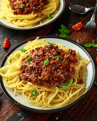 Italian pasta bolognese with beef, basil and parmesan cheese