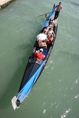 Gondola on canal in Venice, buildings in background Italy