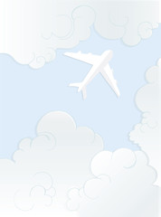 Airplane in pink clouds. Flight of the plane in the night sky. Bottom view of the plane in the clouds. Plane travel
