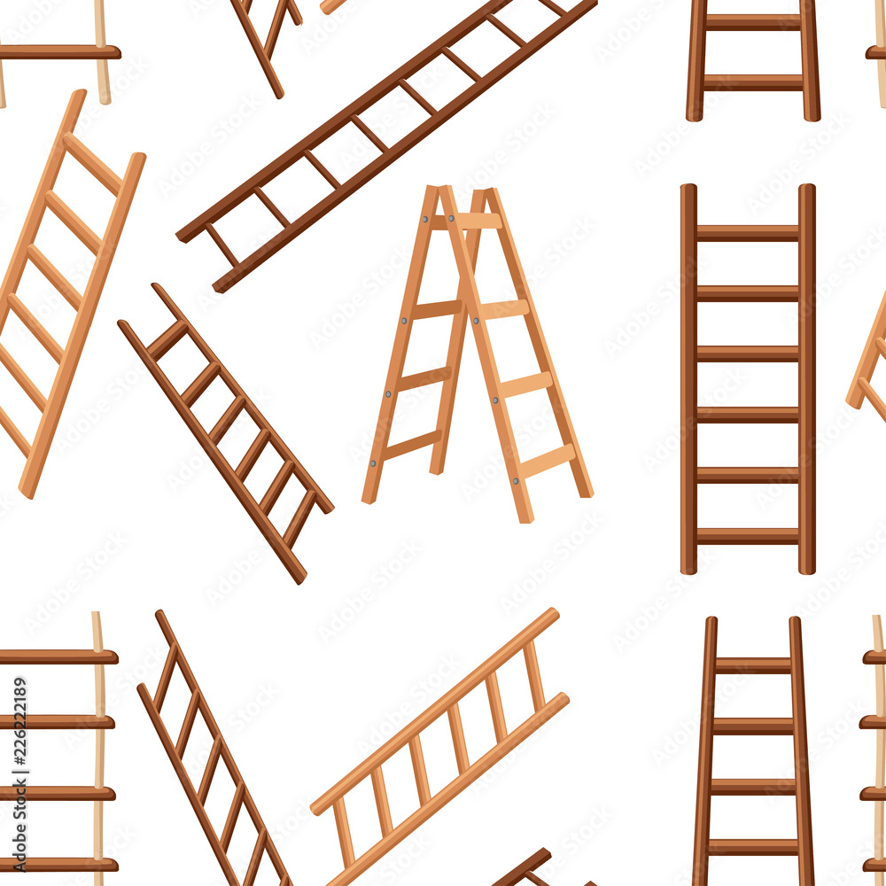 Wall mural Seamless pattern. Collection of wooden ladders. Different types of stepladders. Flat vector illustration on white background