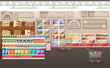 Supermarket illustration. Store interior with goods. Big shopping mall. Shelves, fridge, and carts. Fridge with cheese and meat. Vector illustration