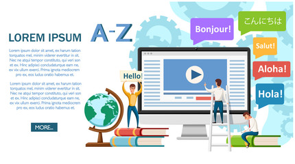 Language school concept banner. Monitor, books, and humans. Online education concept. Flat vector illustration on white background. Website page and mobile app design