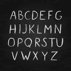 Chalk vector alphabet. Retro hand drawn letters A-Z isolated on chalkboard. Sans serif font. Latin uppercase handwriting symbols.