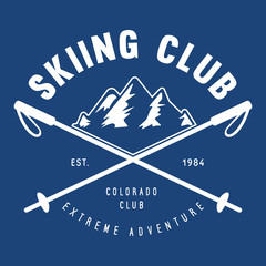 Vintage ski or winter sports logo, badge, emblem, design element. Vector illustration. Monochrome Graphic Art.