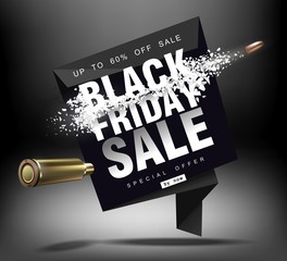 Black Friday sale. Blast wave with flying particles. Shot at prices with a flying bullet, creative template.