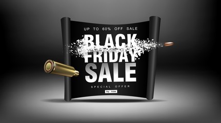 Black Friday sale. Blast wave with flying particles. Shot at prices with a flying bullet, creative template.