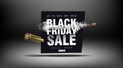 Black Friday sale. Blast wave with flying particles. Shot at prices with a flying bullet, creative template.