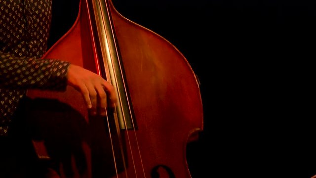 Jazz bass player at a concert, theater scene, contrabass, video, stopped camera, closeup