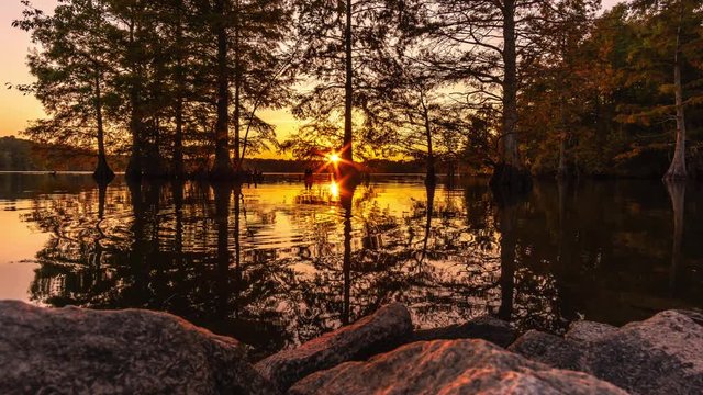 Time lapse of sunset through trees, branches reflecting of a small lake. Evening turns to dusk, at Stumpy lake.