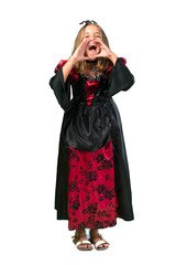 A full-length shot of a Blonde child dressed as a vampire for halloween holidays shouting with mouth wide open isolated on white
