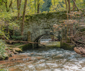 old brick bridge covered with lichen in the woods in early autumn with the trees starting to change color