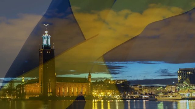 The swedish flag made transparent with the City Hall of Stockholm in the backdrop. 
