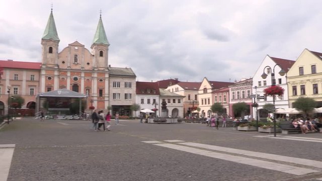 Market or main square in Zilina with church in Slovakia, Europe.