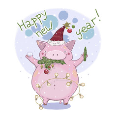 Happy new year card with cute pig