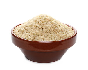 Integral long rice pile in clay pot isolated on white background