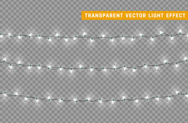 Christmas lights isolated realistic design elements. Glowing lights for Xmas Holiday greeting card design. Garlands decorations. Led neon lamp