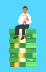 Black businessman sitting on a top of stack of paper money and showing a graph of income growth. Financial success concept. Vector flat illustration. Company development strategy