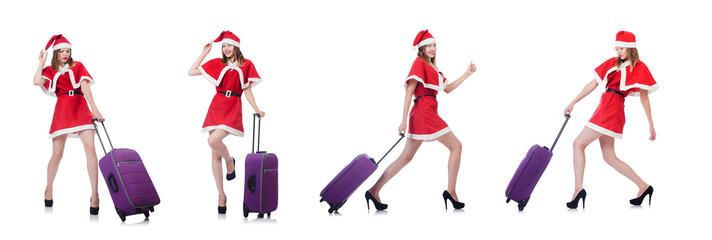 Young woman in red santa costume on white