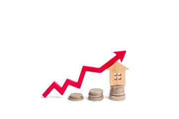 House on penny and arrow up. The concept of a rise in price of property. Increasing the cost of buying a property, rent. Investing in business. Deposit deposits. High demand for housing.