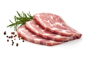 Meat, pork, slices pork loin with herbs and peppercorns, isolated on a white background.