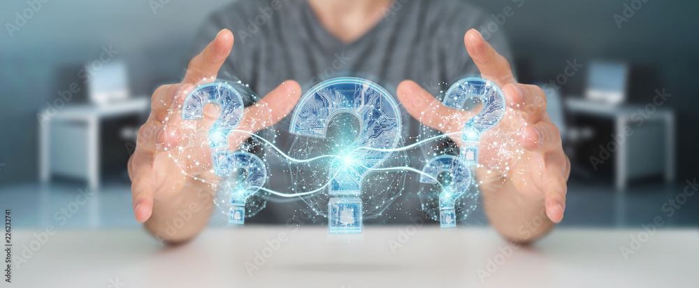 Poster businessman solving problem with digital question marks 3d rendering
