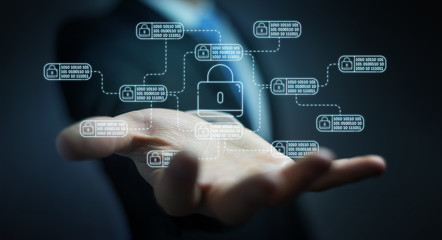 Businessman protecting his datas with thin line security interface